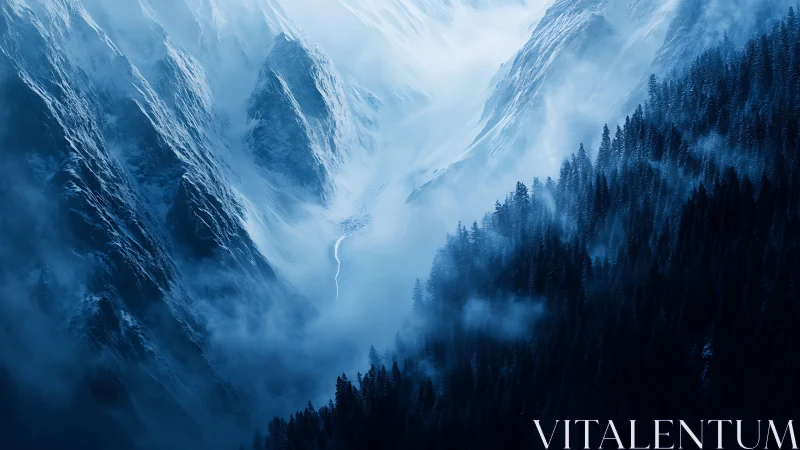 Whispering blue mountains wrapped in winter forest mist.