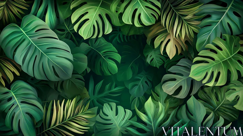 Lush digital jungle foliage with layered monstera leaves.