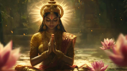 Divine woman meditating in lotus pond with golden halo.