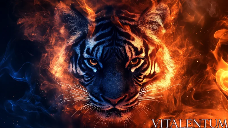 Symmetrical tiger portrait rendered in high contrast fire and smoke