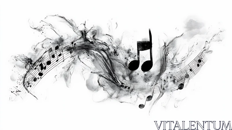 Black musical notes swirl through abstract ink waves.