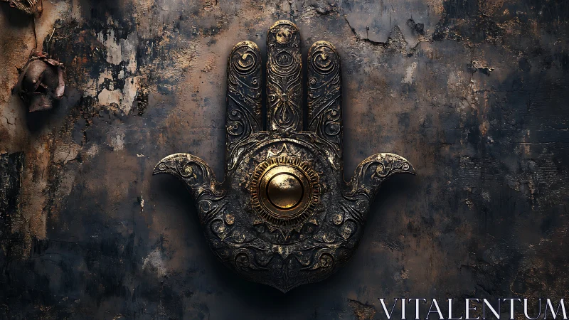 Ornate metallic hamsa hand on dark weathered wall.