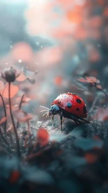 Macro ladybug with dew on moss in pastel bokeh environment.