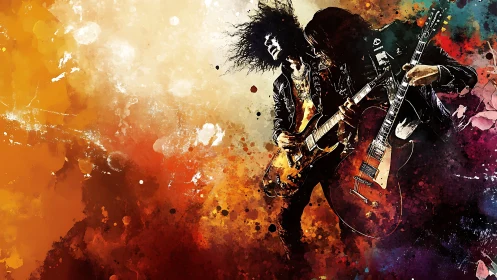 Electric guitarists in abstract splatter color composition.