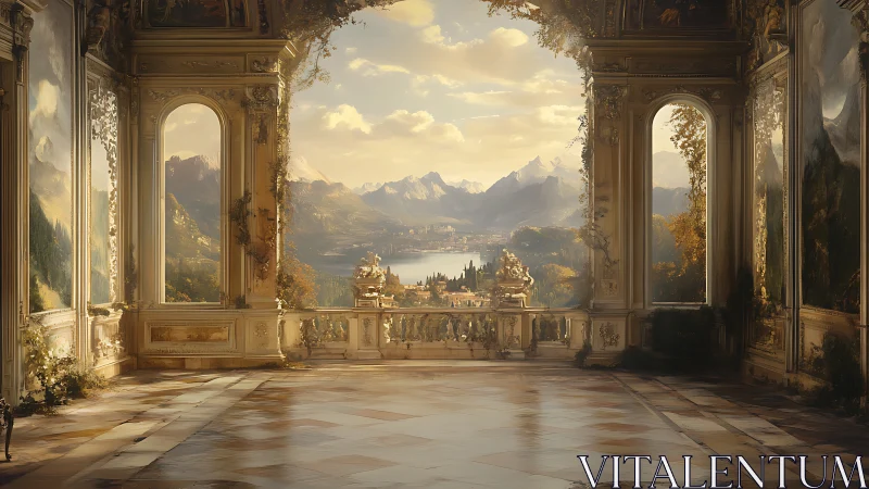 Interior terrace frames distant lake and mountain landscape