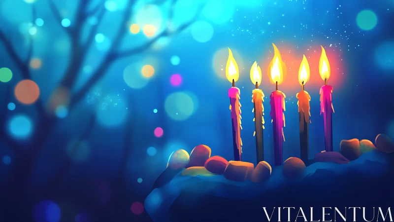 Luminous Menorah with Five Ignited Candles Against Bokeh Night Sky.