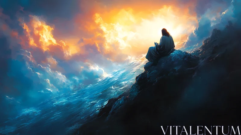 Solitary robed figure on cliff beneath radiant sky.