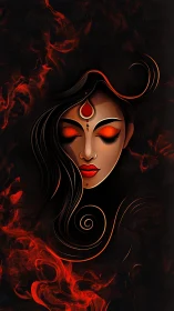 Fiery goddess portrait with red flames on dark void.