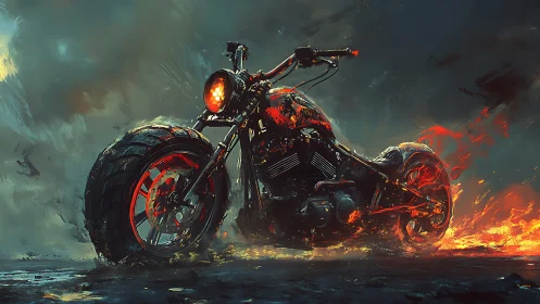 Flaming cyber bike roars through a storm-lashed wasteland.