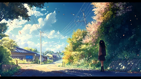 Sunlit rural streetscape with solitary student under drifting leaves.