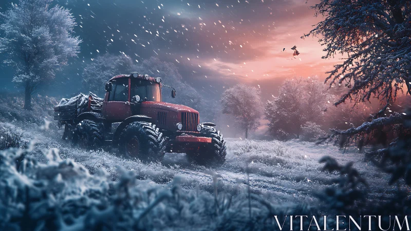 Winter tractor waits quietly beneath a glowing pink sunrise