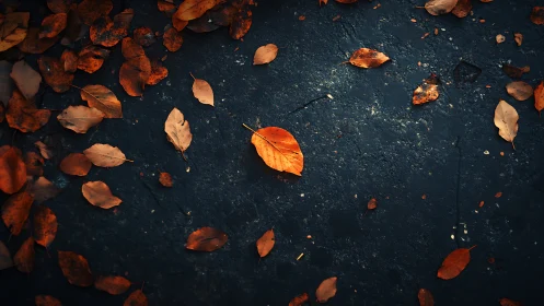 Single orange leaf on dark textured asphalt ground.