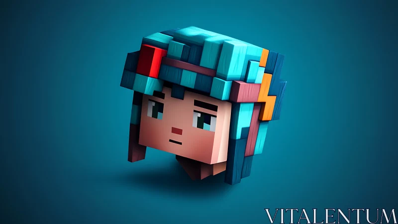 Voxel style character head with teal hair on blue background.
