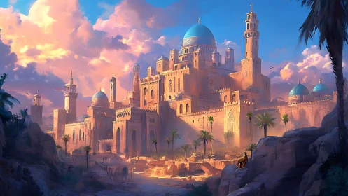 Sunlit desert palace with blue domes and tall towers.