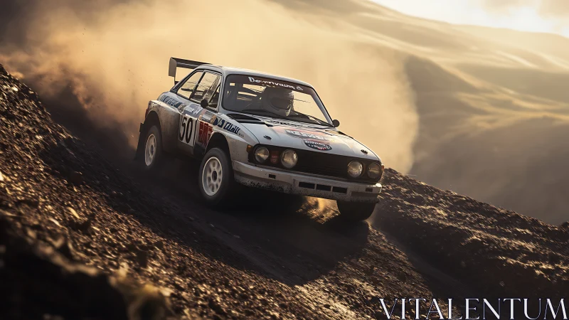 Vintage rally car powerslides along sunlit gravel descent
