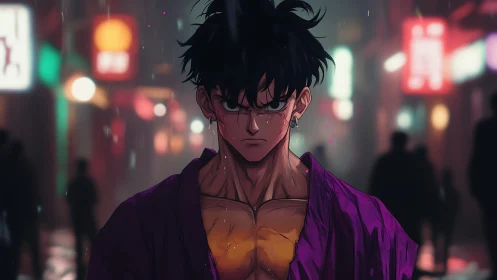 Male anime figure stands in neon-lit urban street at night