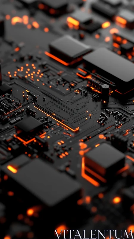 Black circuit board with orange illuminated pathways and chips.
