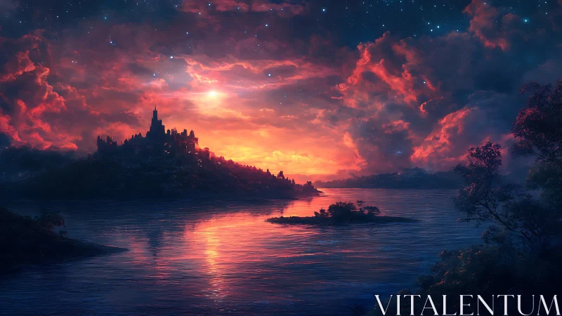 Twilight island citadel under luminous nebula sky at sunset