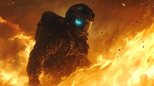 Armored astronaut figure engulfed in intense orange flames