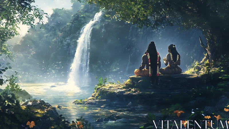 Meditating figures observe sunlit jungle waterfall pool