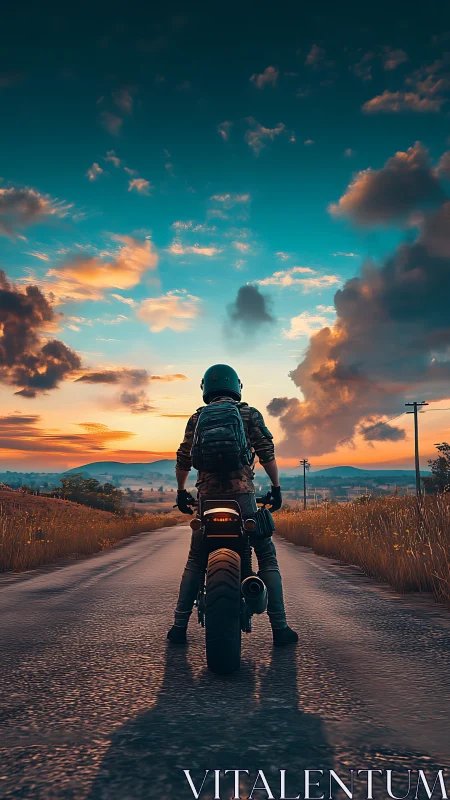 Motorcyclist on rural road under vivid evening sky.