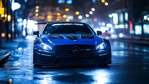 Wet asphalt night test: high-performance AMG coupe under rain.