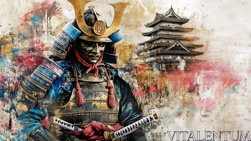 Samurai cuirass study against ink-splatter castle backdrop.