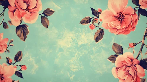 Coral Blooms Against Turquoise Sky with Botanical Foliage