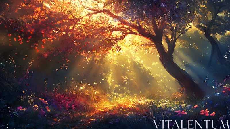 Sunlit forest clearing displays dense foliage and ground flora