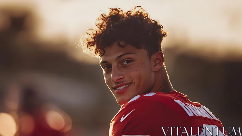 Smiling young football player in warm sunset backlight portrait.