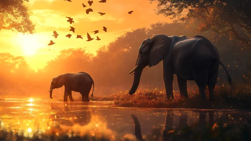 Sunlit elephants wading through golden river at dusk.