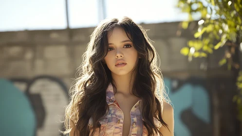 Sunlit portrait of young woman in casual urban setting.