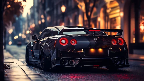 Black Nissan GT-R parked on wet city street at dusk