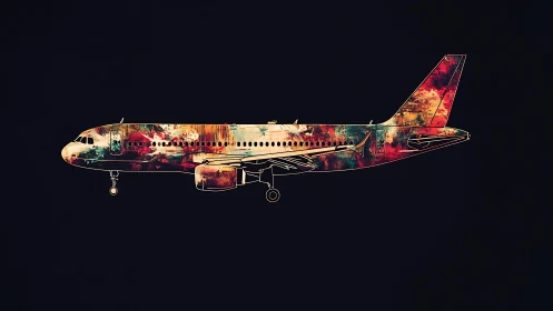 Chromatic jet fuselage schematic with abstract pigment layering.