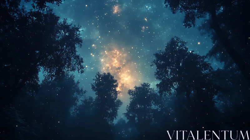Nocturnal Forest Canopy with Celestial Radiance and Starlit Sky