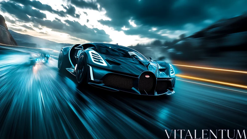 Midnight hypercar slices stormy highway in neon streaks