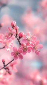 Pink peach blossoms bloom on branch with selective focus depth