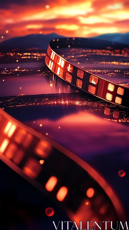Cinematic film strip over neon city at sunset glow.