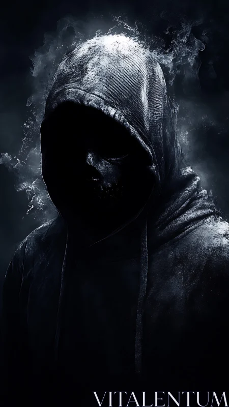 Hooded faceless figure in dark smoky atmospheric lighting.