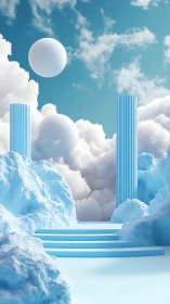 Ethereal sky temple floats among clouds and pastel pillars