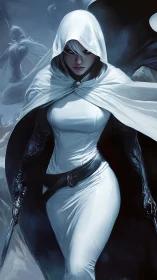 White cloaked warrior walking through cold misty scene.