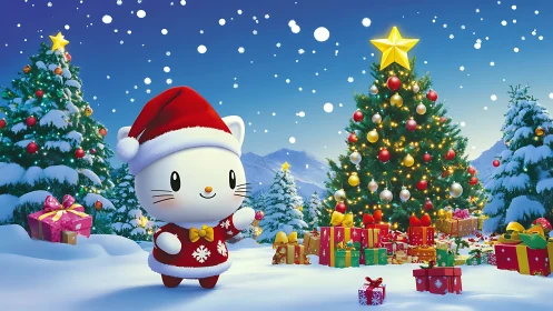 Cartoon cat in Santa outfit amid snowy Christmas scene.