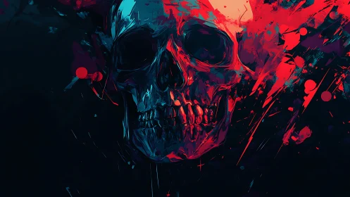 Neon skull portrait with violent red abstract splashes.