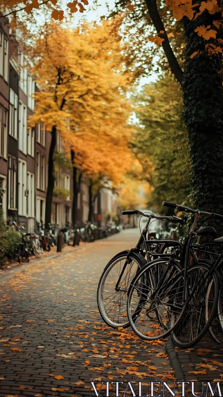 Urban Cycling Path with Golden Autumn Foliage Canopy.