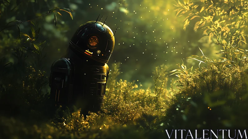 Curious forest droid listens softly to the language of light