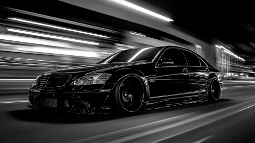 Black sedan in motion on night street with blurred lights.