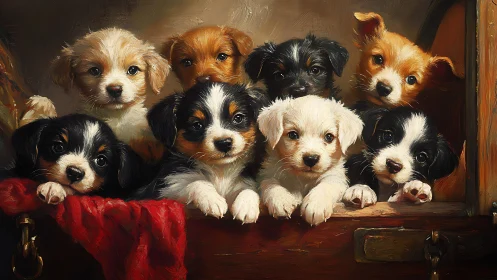 Group of eight puppies posed together inside a wooden box