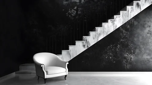 Monochrome staircase interior with sculptural lounge chair.