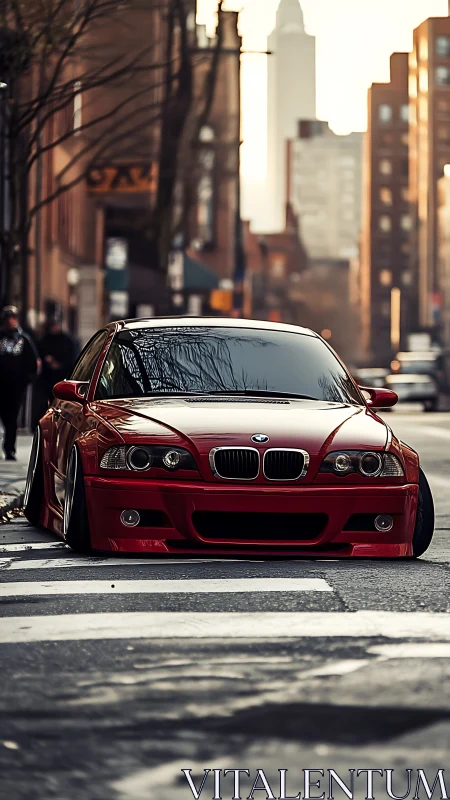Stanced red BMW sedan on urban street at golden hour, low angle