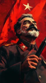 Defiant military officer under red banner with bold star.